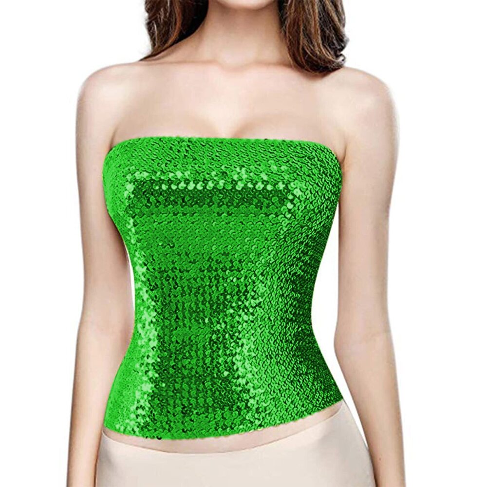 7412 Girls Sparkling Sequins Tube Top Strapless Stretchy Tank Top Crop Top
